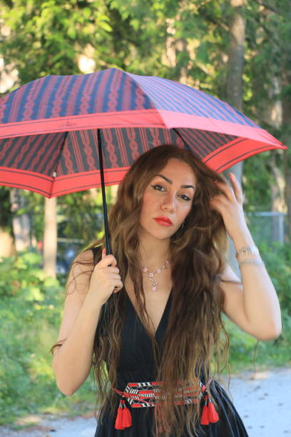 A Headshot of an Iranian woman wearing an outfit based on red and black. She has black and red umbrella, red lipstick, red sash on her black sleeveless dress, a necklace and a bracelet.