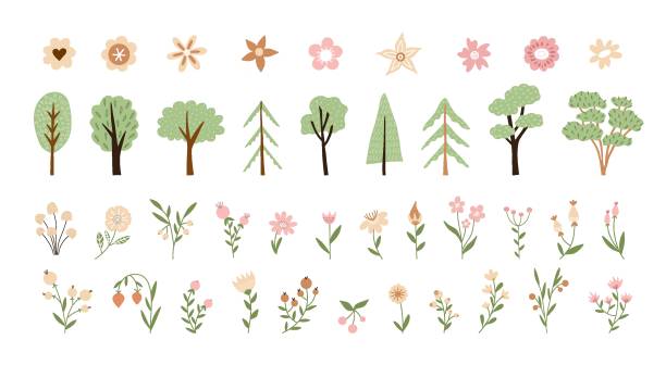 istock Collection of hand drawn flower and tree cartoon. Cute vector illustration in flat trendy style with texture. For cards, posters, invitations 2162703307