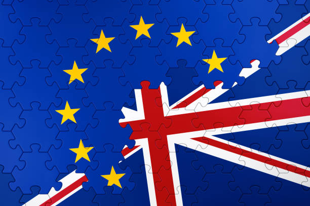 Government flags of the European Union and the United Kingdom, which are formed to whole composition by hexagonal pieces of a jigsaw puzzle. 3D rendering graphics on the theme of Public Policy.