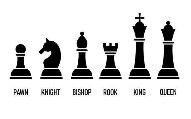 ilustraciones, imágenes clip art, dibujos animados e iconos de stock de siluetas de piezas de ajedrez. rey, reina, torre, caballo, alfil, peón. iconos de ajedrez. ajedrez vectorial aislado sobre fondo blanco. - marcaje deportes