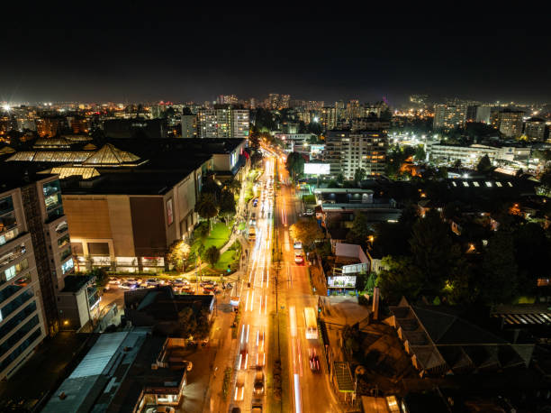 Aerial view of Temuco at night in La Araucnaia region, southern Chile