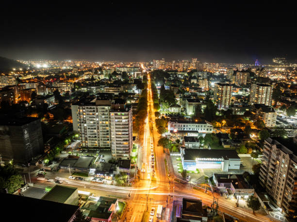 Aerial view of Temuco at night in La Araucnaia region, southern Chile