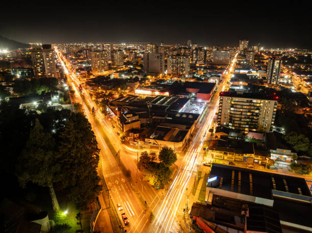 Aerial view of Temuco at night in La Araucnaia region, southern Chile