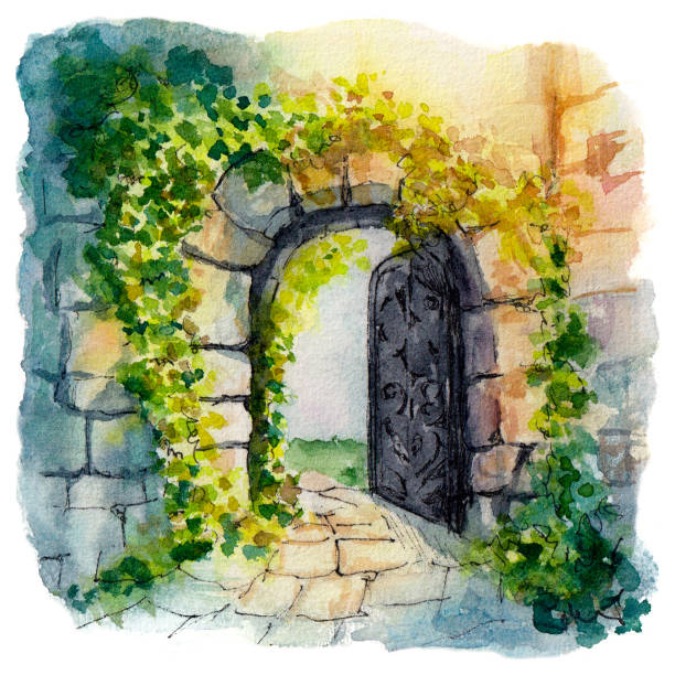 istock Watercolor illustration with a door in a stone wall 2162707863