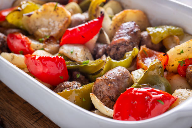 Roasted Italian Sausage, Onion, Potato and Bell Pepper in a Casserole Dish