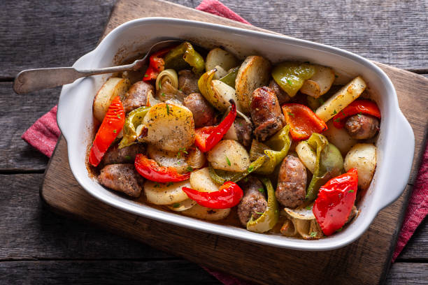 Roasted Italian Sausage, Onion, Potato and Bell Pepper in a Casserole Dish