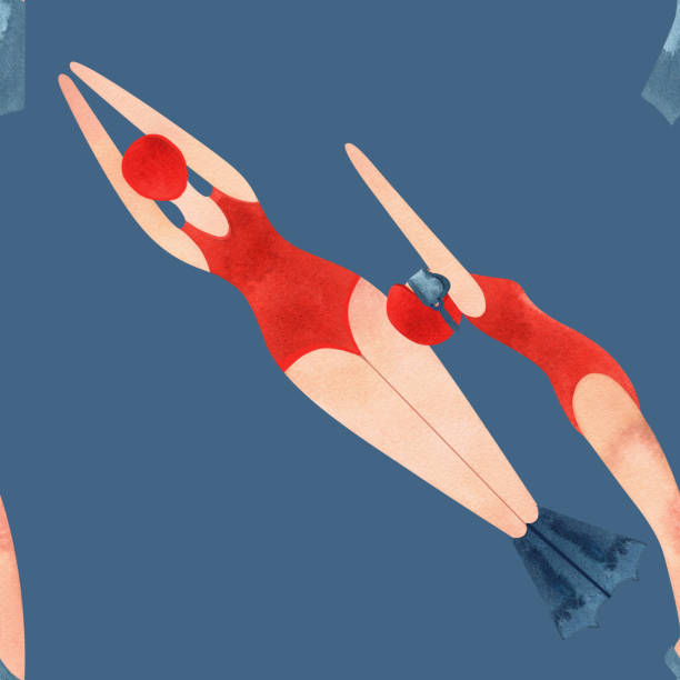 istock Seamless pattern with floating women in vintage style. Swimming. Watercolor illustration on blue background 2162714609