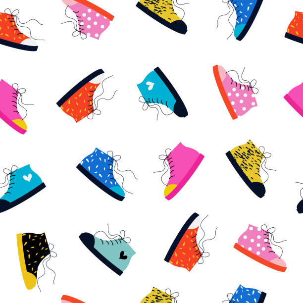 Multicolored seamless pattern with sneakers. Multicolored seamless pattern with sneakers. Flat training shoes on a white background. Stylish sportswear. Casual footwear pattern for prints, textiles, and sports designs. Vector illustration. running shoes white background stock illustrations