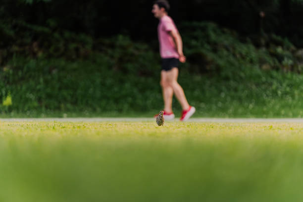 Close-up shot of an unrecognisable person's feet running along a footpath in the countryside on a frosty winter's morning. They are wearing black leggings and white sports socks with their trainers. The surrounding ground has a dusting of snow and there is another person visible in the background, out of focus.\n\nVideos similar to this scenario available.