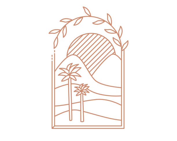 Desert oasis brown boho logo. sand, sunset, palm landscape aesthetic icon. Stock vector illustration isolated on white background in line style.