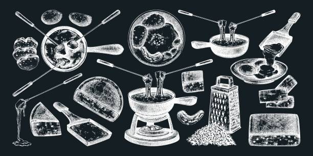 Cheese fondue sketches set. Hand-drawn food illustrations on chalkboard. Dairy products, melted cheese, fondue pots vector drawings. NOT AI generated