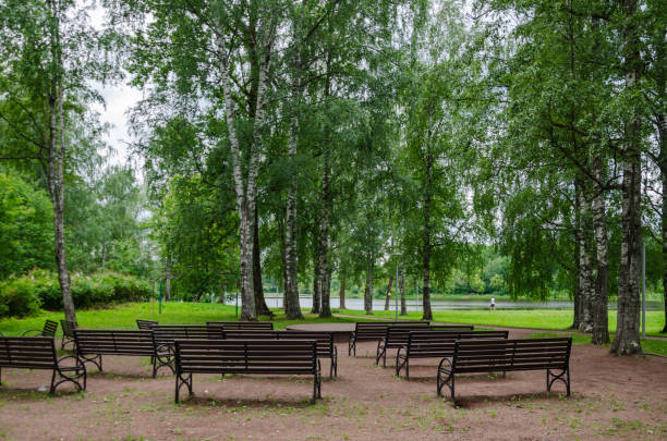 park benches in front of a street stage. High quality photo
