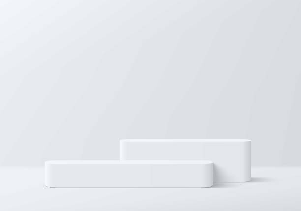 istock 3D white round steps podium pedestal group background in white clean luxury wall scene. Minimal empty mockup abstract product display presentation, Stage showcase. Platforms vector geometric design. 2162738011