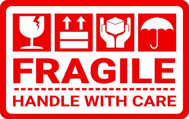 sticker fragile handle with care, red fragile warning label with broken glass symbol, this side up sign