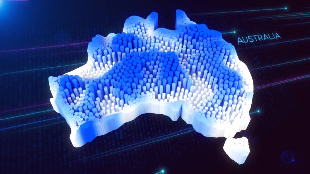 istock 3D Perspective View of Blue and White Dynamic Hexagonal Prism Rippling Australia Map and Text with Hud Grid, Dotted Lines, and Light Flare 2162743072