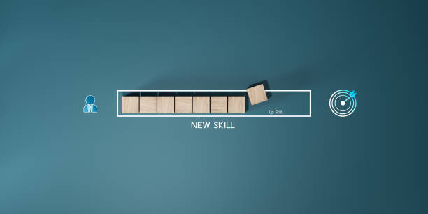 skills icon on dark background. Upskilling and personal development concept. Skill training, new skilling, education, learning, ability. Upskilling, reskilling,