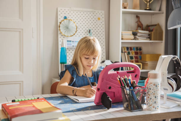 istock Schoolgirl studying at home 2162757777