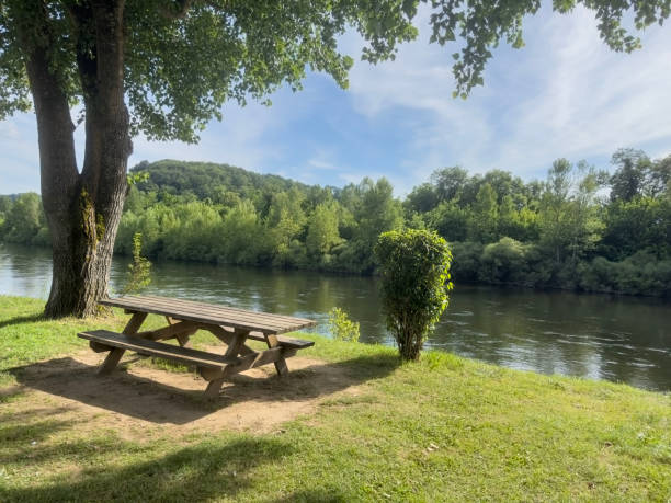 istock empty wooden picnic table in the park by river 2162759362