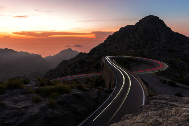 istock Car trails lights on mountain road, Mallorca island, Spain 2162760229