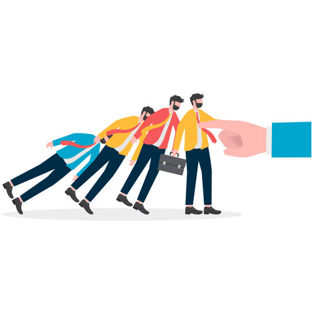 istock Businessmen falling down one by one, domino effect, unemployment and layoff concept 2162764370