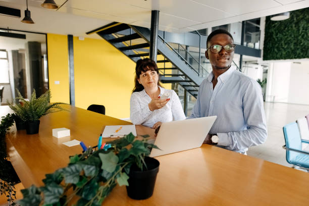 istock Colleagues operate the air conditioner 2162766683