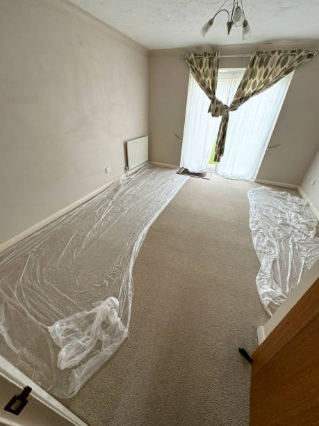 Stock photo features an empty living room in a house rental, showcasing a heavy duty, beige carpet and a blank canvas for redecorating. The spacious room offers ample opportunities for personalisation and design changes, making it ideal for illustrating potential home improvements or rental property options. imagen de un salón vacío de la propiedad de alquiler, paredes pintadas de magnolia, alfombra marrón resistente, ventana con cortinas estampadas, sala de estar soleada con puertas de patio, oportunidad de redecoración entre arrendamientos, sábanas de p