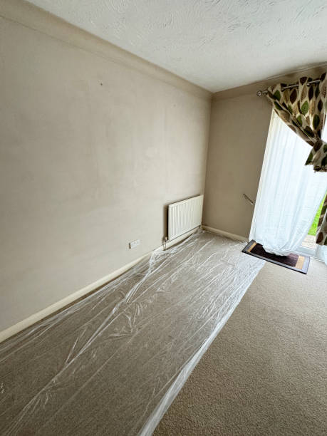 Stock photo features an empty living room in a house rental, showcasing a heavy duty, beige carpet and a blank canvas for redecorating. The spacious room offers ample opportunities for personalisation and design changes, making it ideal for illustrating potential home improvements or rental property options. imagen de un salón vacío de la propiedad de alquiler, paredes pintadas de magnolia, alfombra marrón resistente, ventana con cortinas estampadas, sala de estar soleada con puertas de patio, oportunidad de redecoración entre arrendamientos, sábana de po