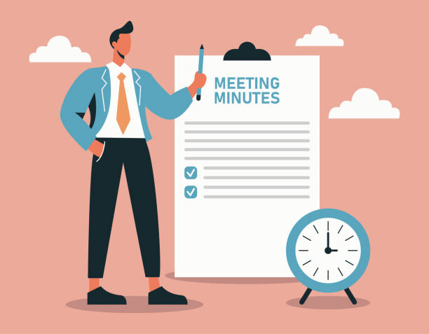 Businessman Writing Meeting Minutes with Document and Alarm Clock - Vector Illustration for Effective Note-Taking and Time Management This vector illustration features a businessman writing meeting minutes, highlighting effective note-taking and time management. The design includes a detailed document labeled 'Meeting Minutes' and an alarm clock, symbolizing punctuality and thoroughness in business communication. Ideal for use in business presentations, corporate training materials, and professional reports. Fully vector and customizable, this illustration is perfect for enhancing business websites and professional publications. man writing stock illustrations