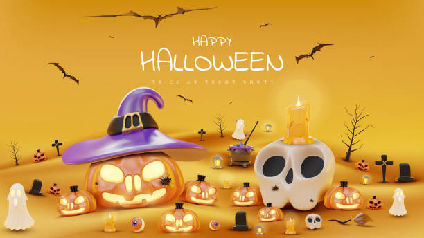 istock Halloween scene with glowing pumpkins, bats, a skull candle, and spooky decorations on an orange backdrop. Ideal for promotional posters in a 3D realistic style. 2162774387