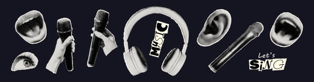 Music halftone collage elements set vector illustration