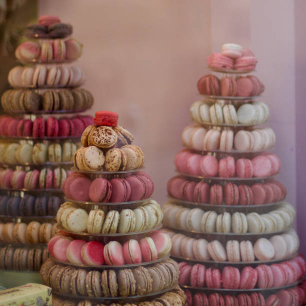 Sweet macarons on display in a pastry shop