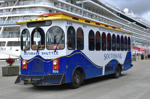 Ketchikan, Alaska, USA - 1st July 2023:Southbank Shuttle bus on the dock side for tourists
