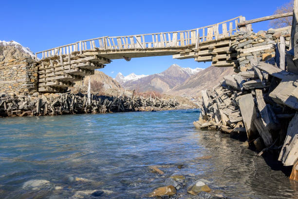 Traditional wooden bridge over Marsyangdi River near Braga village.\nThe Marsyangdi is a mountain river in Nepal.\nBraga Village (also known as Bhraka) is a small, idyllic settlement located in the Manang district of Nepal. Situated at an elevation of approximately 3,475 meters, it is nestled in a valley along the Marsyangdi River. Braga is often visited by trekkers as a stopover or side trip from the nearby village of Manang on the Annapurna Circuit trek.\nBraga, Manang, Marsyangdi, Nepal, Asia.