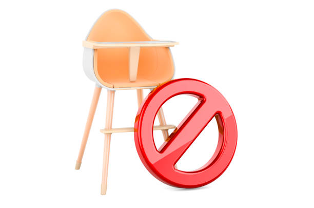 Baby high chair with forbidden symbol, 3D rendering isolated on white background