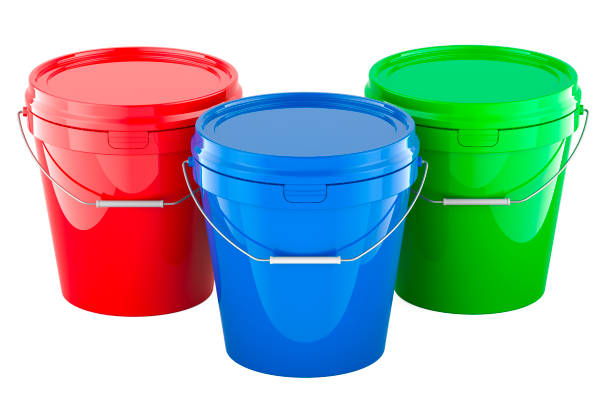 istock Red, Green and Blue Plastic Paint Buckets, 3D rendering 2162789494