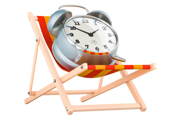 istock Deckchair with alarm clock. Vacation time, concept. 3D rendering 2162789552