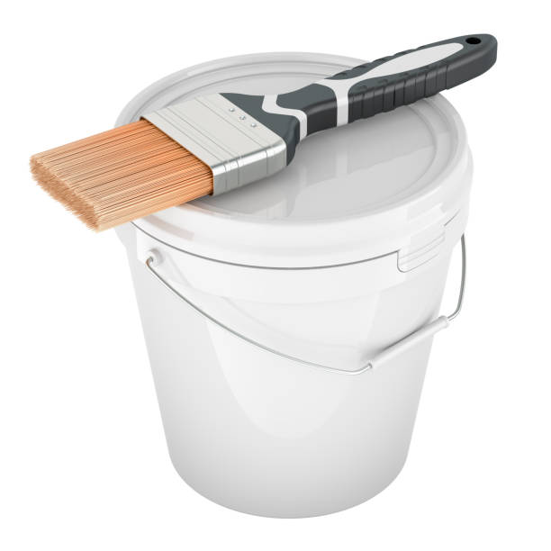 Paint Bucket with paint brush. 3D rendering isolated on white background