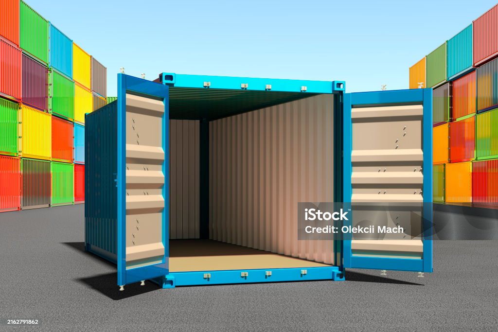 Which Container Empty First Opened Empty Cargo Container In Port Dock 3d Rendering Stock Photo ...
