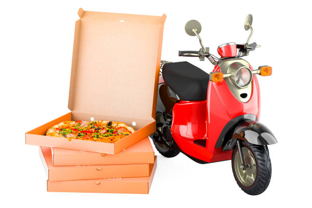 Pizza boxes with motor scooter. Pizza delivery, concept. 3D rendering isolated on white background