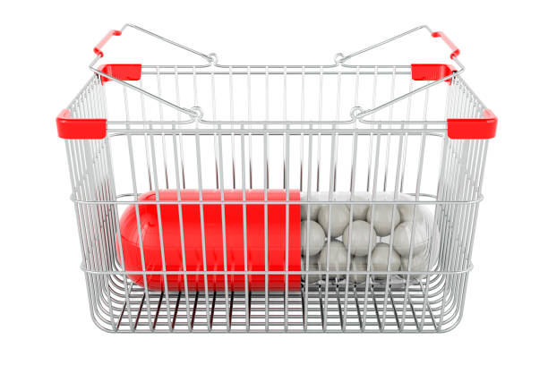 istock Medicament capsules inside shopping basket, 3D rendering 2162792180