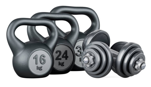 istock Set of kettlebells and dumbbells, 3D rendering 2162792209