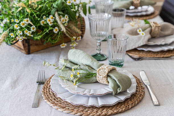 Shavuot table setting. Herbs table decorations for holidays and dinner