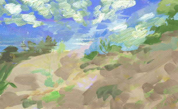 istock Painting of a green meadow with blue sky and white clouds 2162805027