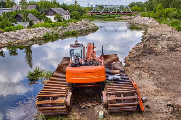 The technical fleet is carrying out work on cleaning the bottom in the water area of the Kuban River. The dredger performs Hydro-mechanical work