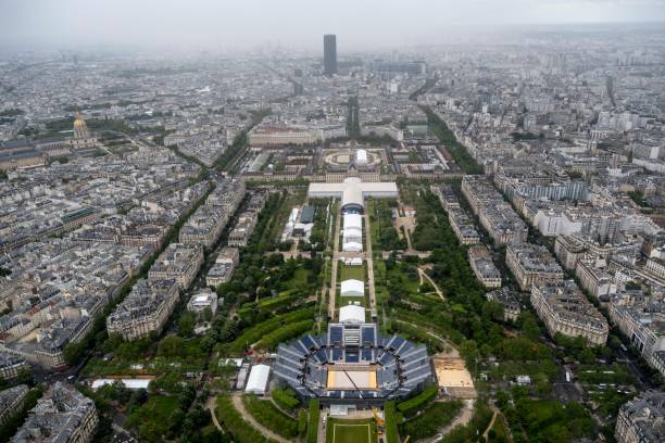 Paris, France, june 10 2024 - The Eiffel Tower arena for the Olympic Games is currently being assembled, where the exciting sport of Beach Volleyball will take place