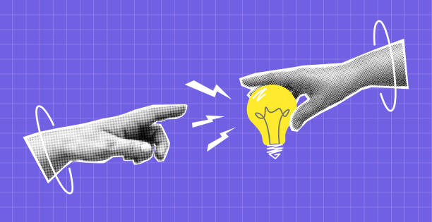 stockillustraties, clipart, cartoons en iconen met collage with halftone hands and light bulb - innovatie
