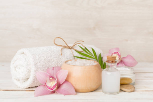 istock Composition with orchids, spa products on wooden table 2162826640