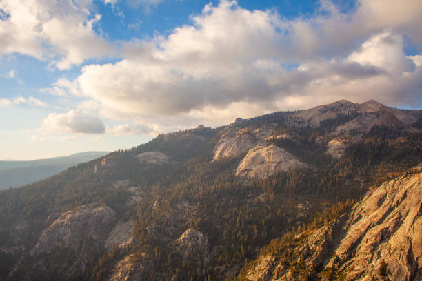 Mountain face at sunset in Sequoia National Park, rock faces peek out from dense forest, warm light is glowing and the clouds are fluffy