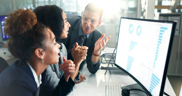 istock Computer screen, graph or business people in office meeting for data analytics, finance or sale profit discussion. Startup, solution or accounting team with chart, statistics or website traffic check 2162838480
