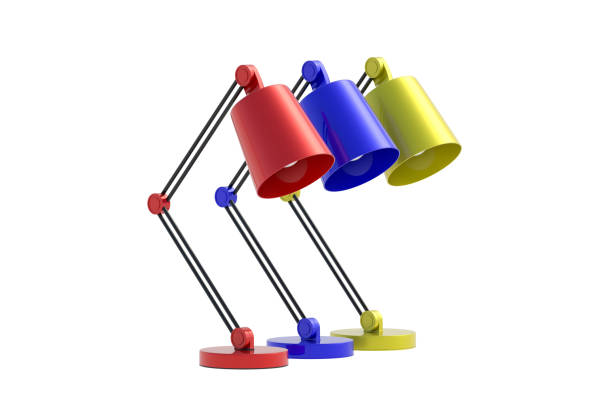 Row of colorful table lamp isolated on white background. 3d render